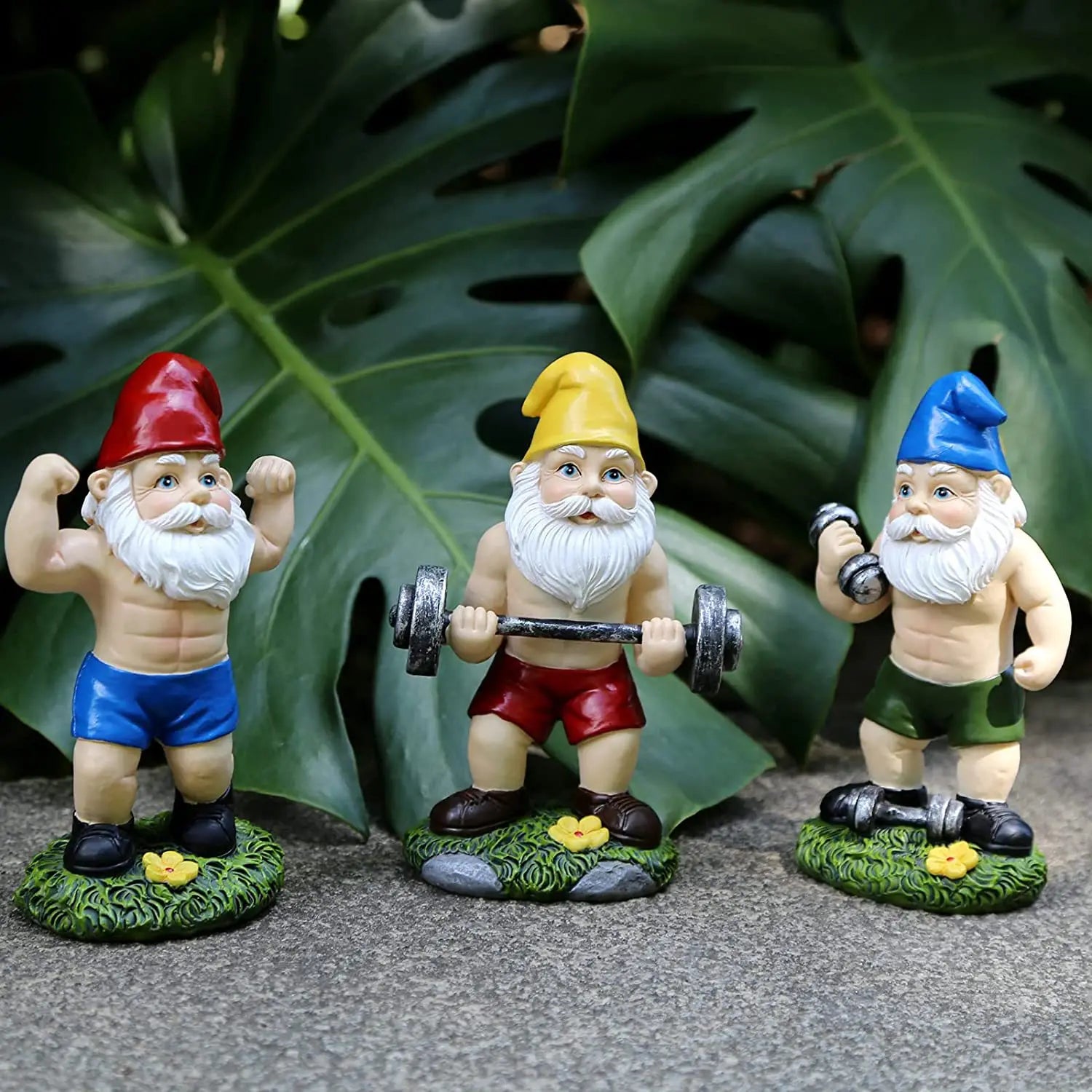 Buff Garden Gnome Statue with Dumbbells — Funny Weightlifting Lawn Ornament, Outdoor Resin Figurine | Gearelo