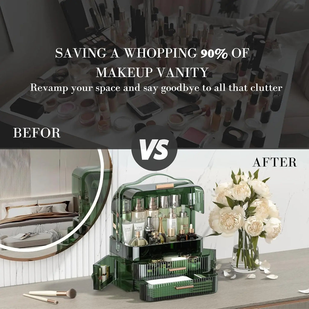 Large Makeup Organizer Box – Transparent Lid with Drawers & Portable Handle | Gearelo