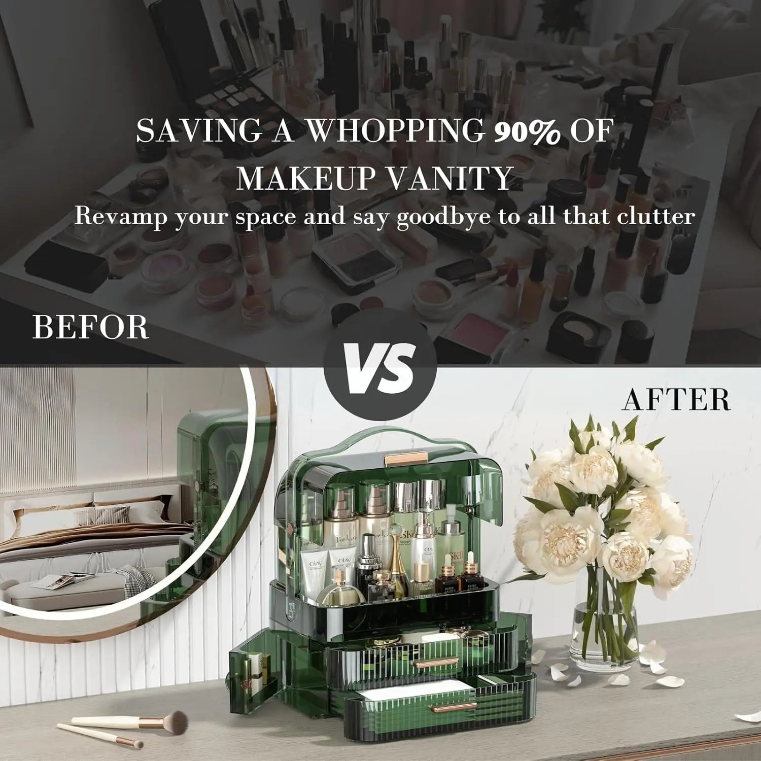 Large Makeup Organizer Box – Transparent Lid with Drawers & Portable Handle | Gearelo