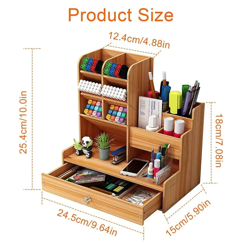 Wooden Desk Organizer with Drawer – Large DIY Desktop Pen & Stationery Holder | Gearelo