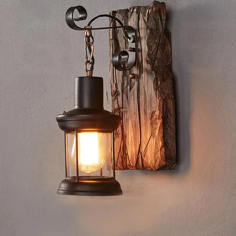 Industrial Wood Wall Sconce – Antique Rustic Lamp with Wood Accent – black | Gearelo