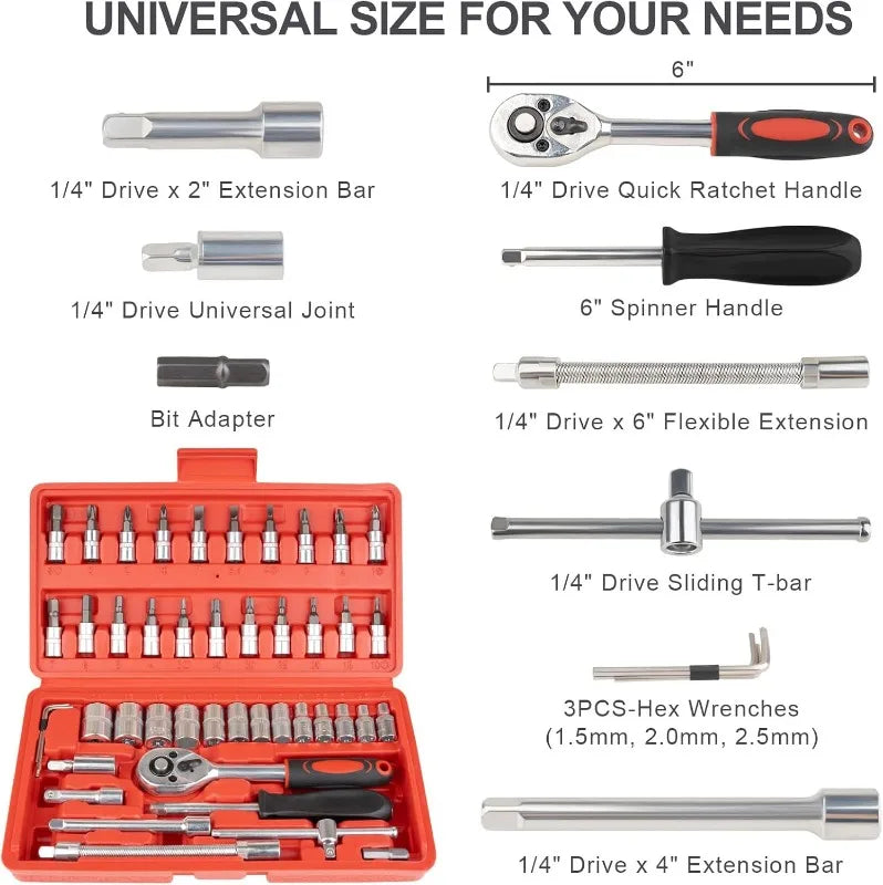 46-Piece 1/4" Drive Socket & Ratchet Set – Metric Compact Car & Home Toolkit | Gearelo
