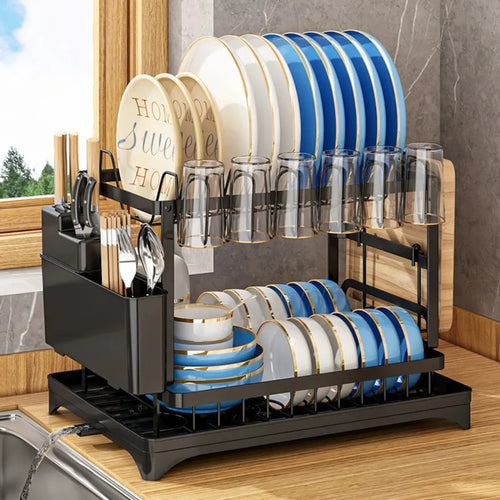 2-Tier Rotating Dish Drying Rack – 360° Swivel with Drainboard – L | Gearelo