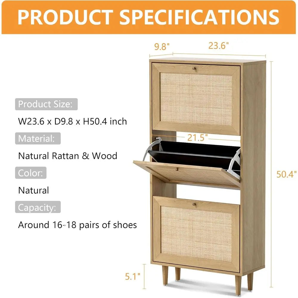 Slim Hallway Shoe Cabinet – 3-Tier Display with Rattan Baskets, Natural Oak | Gearelo