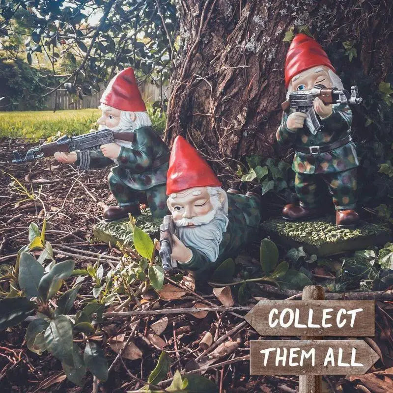 Army garden gnomes with Collect Them All sign — full 3-piece set outdoor decor