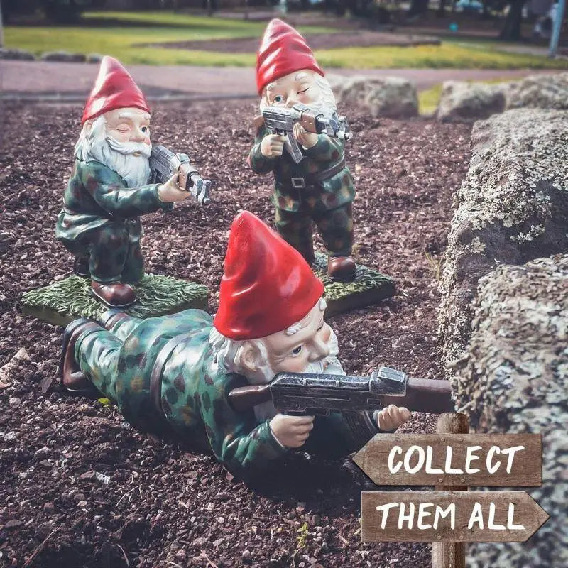 Army garden gnome squad in camouflage with guns — funny outdoor resin statue set