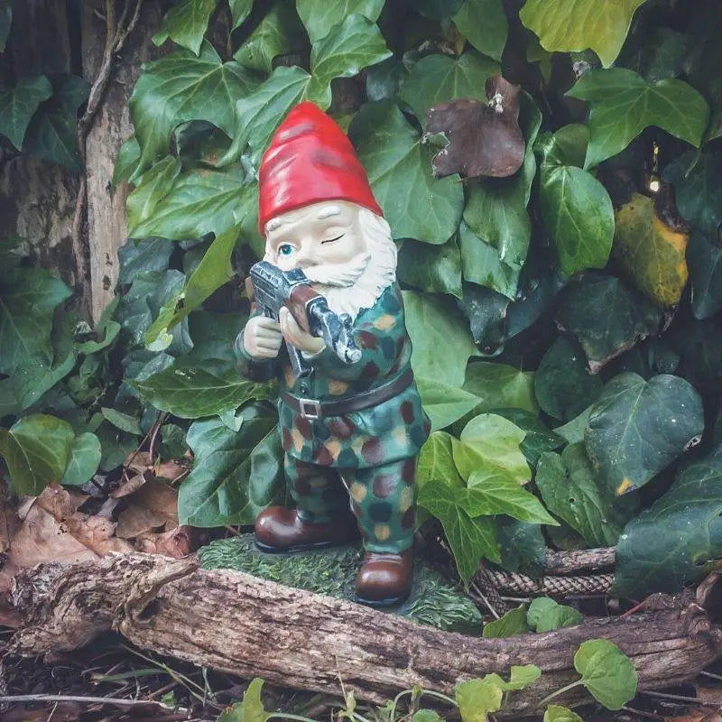 Army garden gnome standing aiming pose — collectible resin garden statue