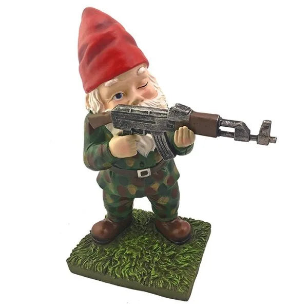 Army garden gnome Type 2 standing aiming pose — camouflage resin statue