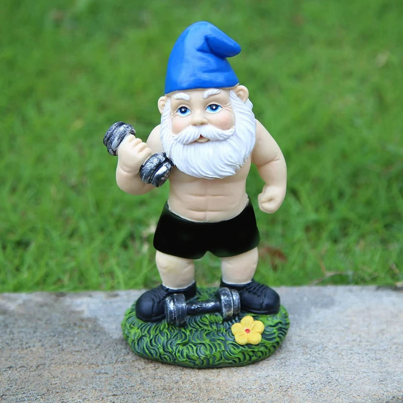 Blue hat buff garden gnome flexing with dumbbell — funny outdoor resin statue
