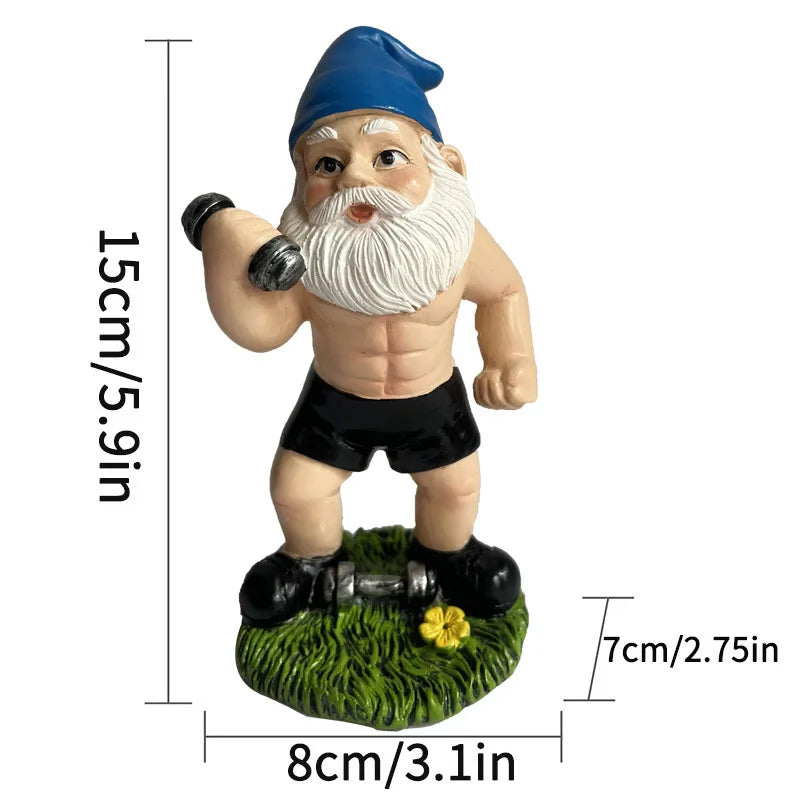 Buff garden gnome with dumbbells size chart 15cm height resin figurine