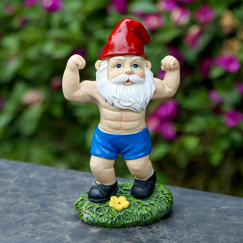 Red hat muscular garden gnome flexing — outdoor resin figurine
