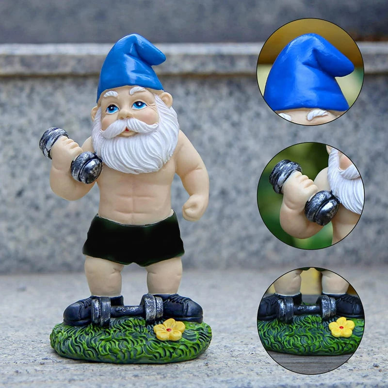 All 3 buff garden gnomes together — red yellow blue hat weightlifting set
