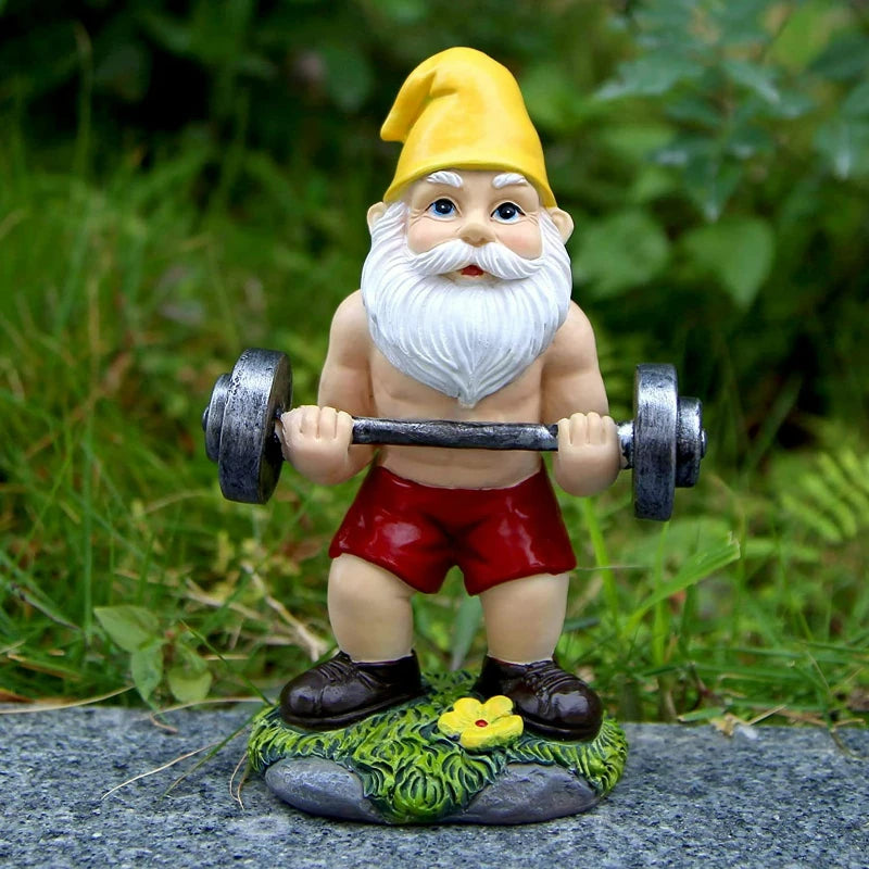 Yellow hat buff garden gnome lifting dumbbells — funny lawn ornament