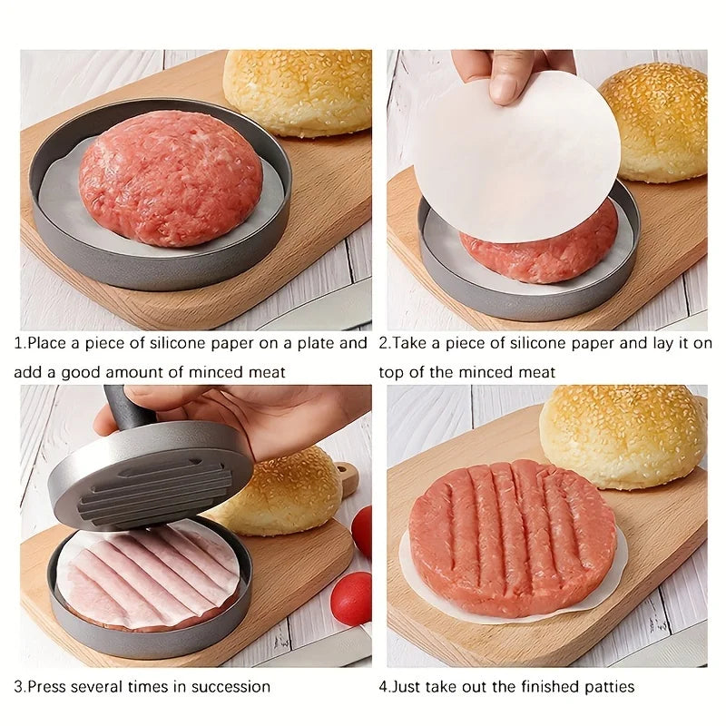 Burger press in use shaping raw meat patty BBQ grill tool