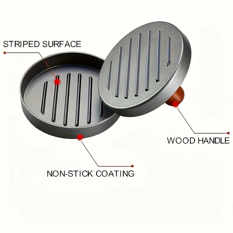 Non-stick burger press features striped surface coating diagram