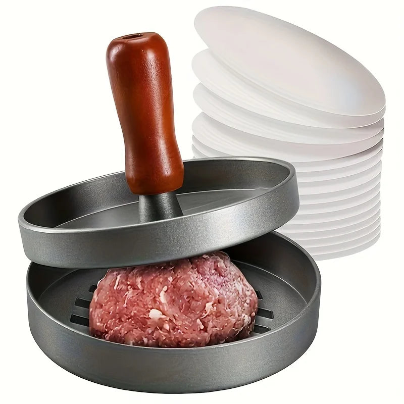 Metal burger press patty maker side view wooden handle