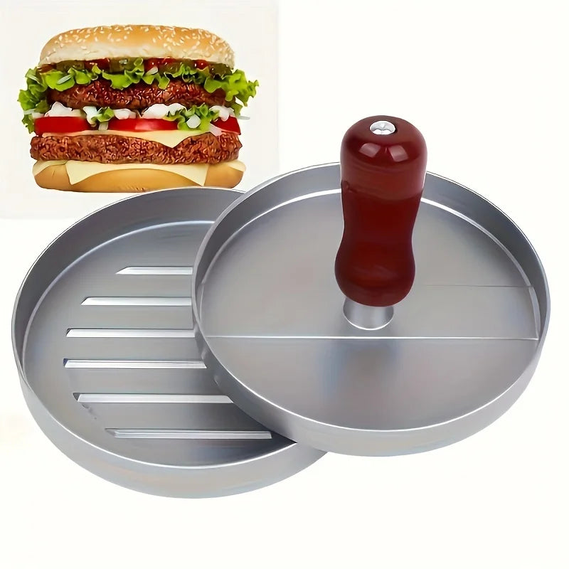 Aluminum alloy burger press top view with hamburger bun