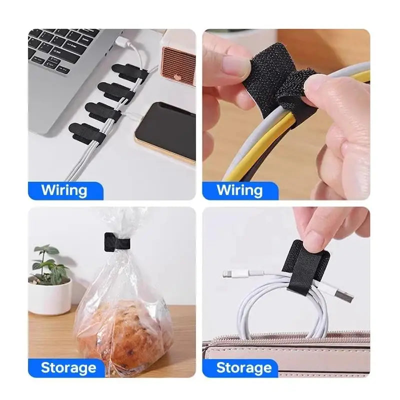 Cable ties organizing desk setup laptop charger USB cables
