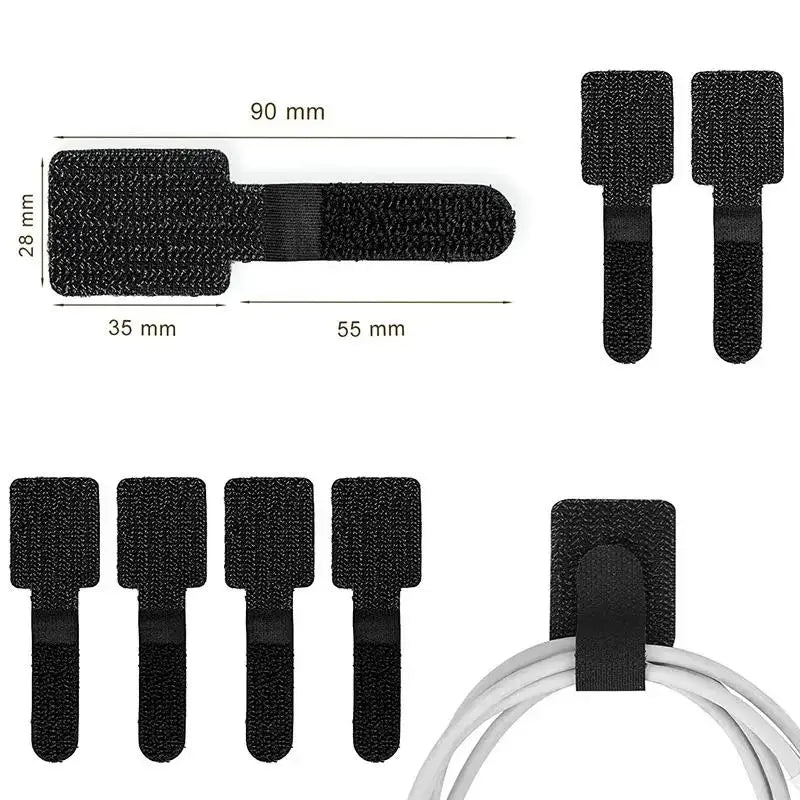 Cable ties organizing laptop USB cables on desk wire management
