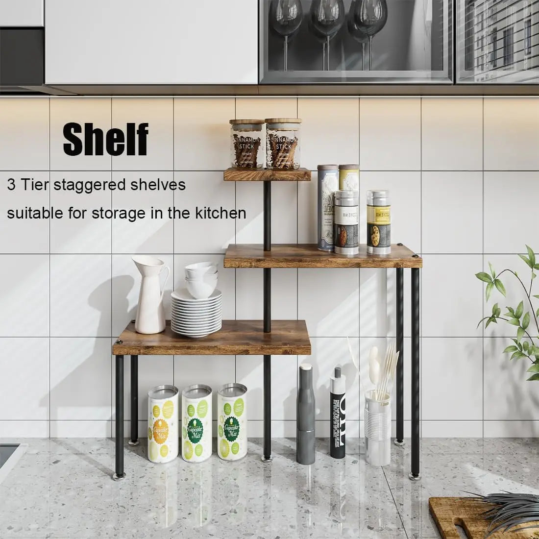 3-tier corner shelf in bathroom with toiletries and beauty products

