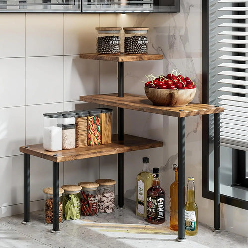 3-tier corner shelf organizer wood metal brackets rustic brown kitchen
