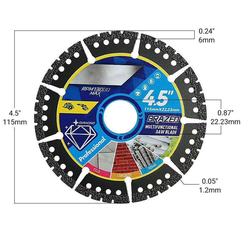 Diamond cutting blade dimensions 4.5in 115mm 22.23mm arbor