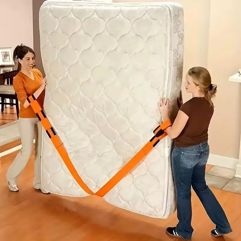 Moving straps carrying mattress through doorway