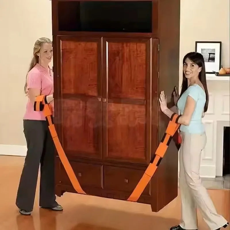 Couple moving sofa with forearm lifting straps labor saving