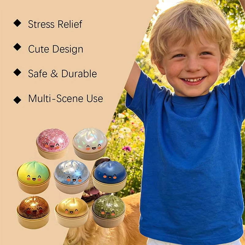 Child holding glitter dumpling squishy fidget toy — stress relief for kids and adults