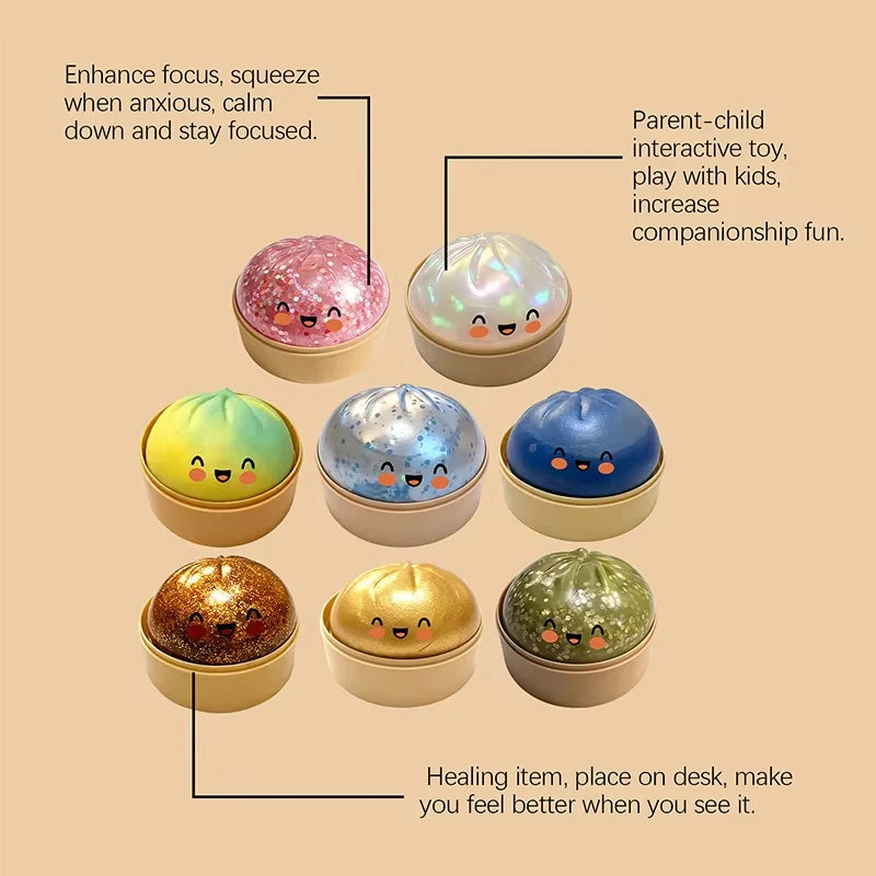 Glitter dumpling squishy product benefits — stress relief fidget toy for children