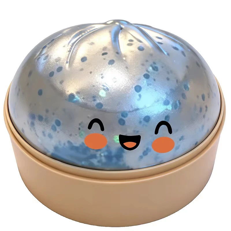 Silver holographic glitter dumpling squishy stress ball with kawaii face