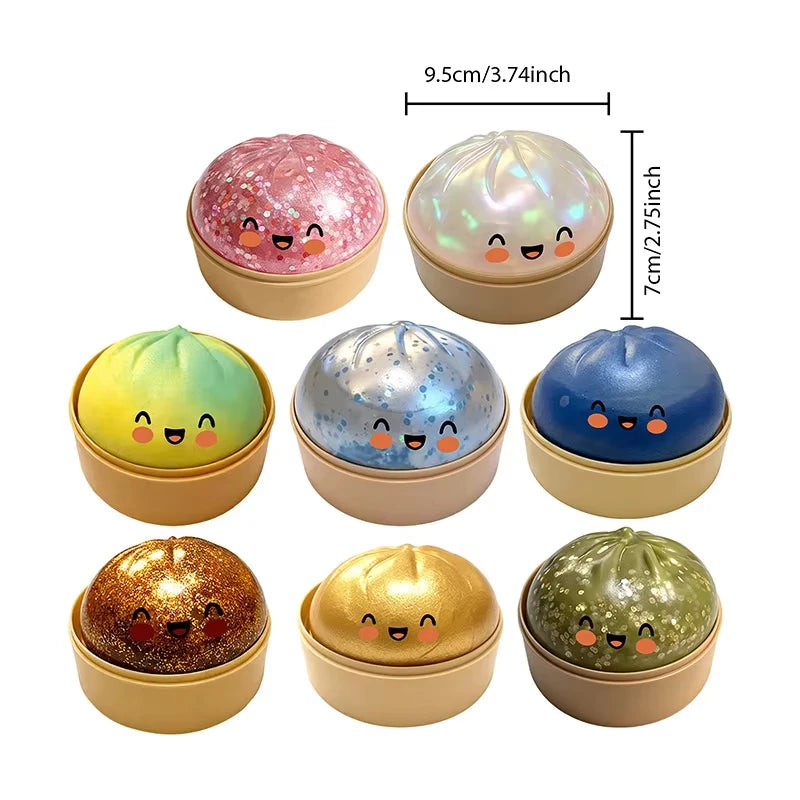 Glitter dumpling squishy stress ball size chart 4.5cm x 3.9cm, 8 color variants