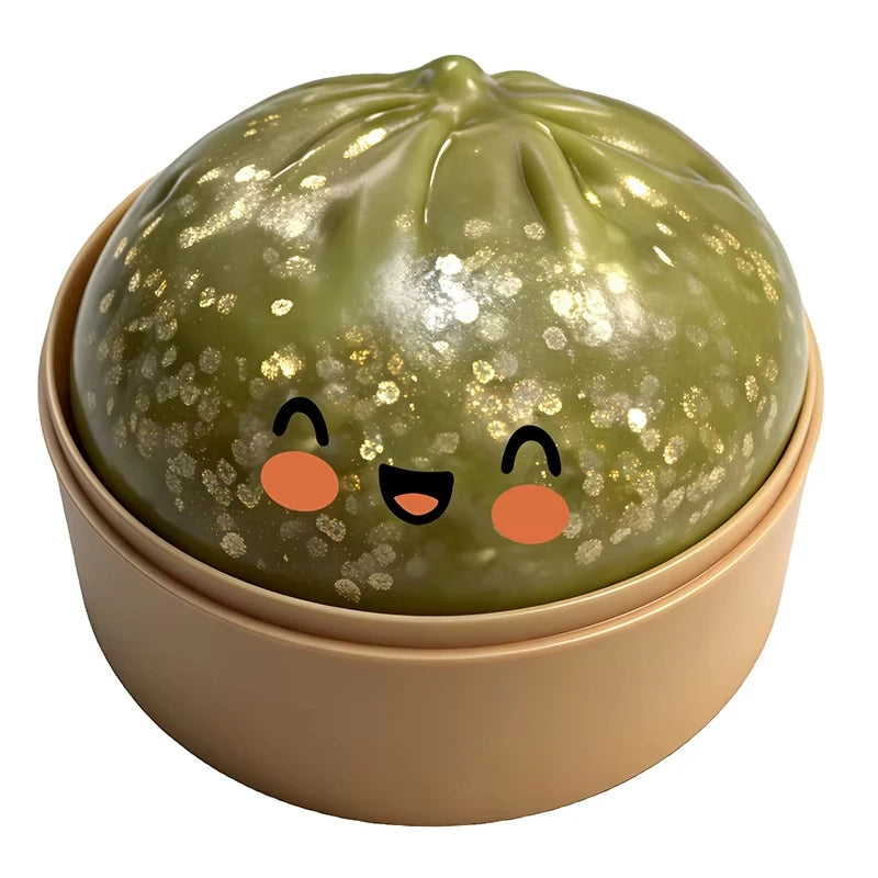 Teal green glitter dumpling squishy fidget ball with cute kawaii face