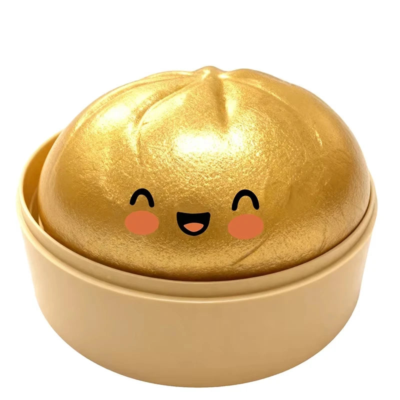 Yellow rainbow glitter dumpling squishy ball — cute kawaii desk toy