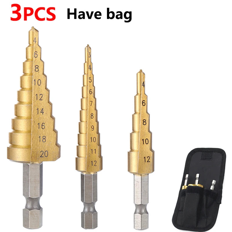 3-piece HSS titanium step drill bit set with carry bag