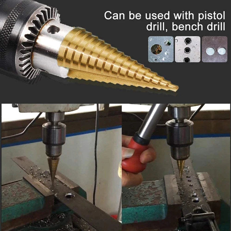 Titanium coated cone step drill bit close-up stepped edges