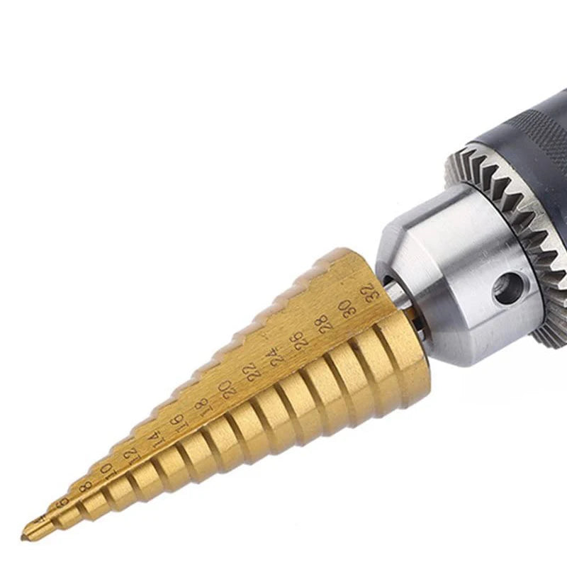 HSS step drill bit cutting hole in metal sheet