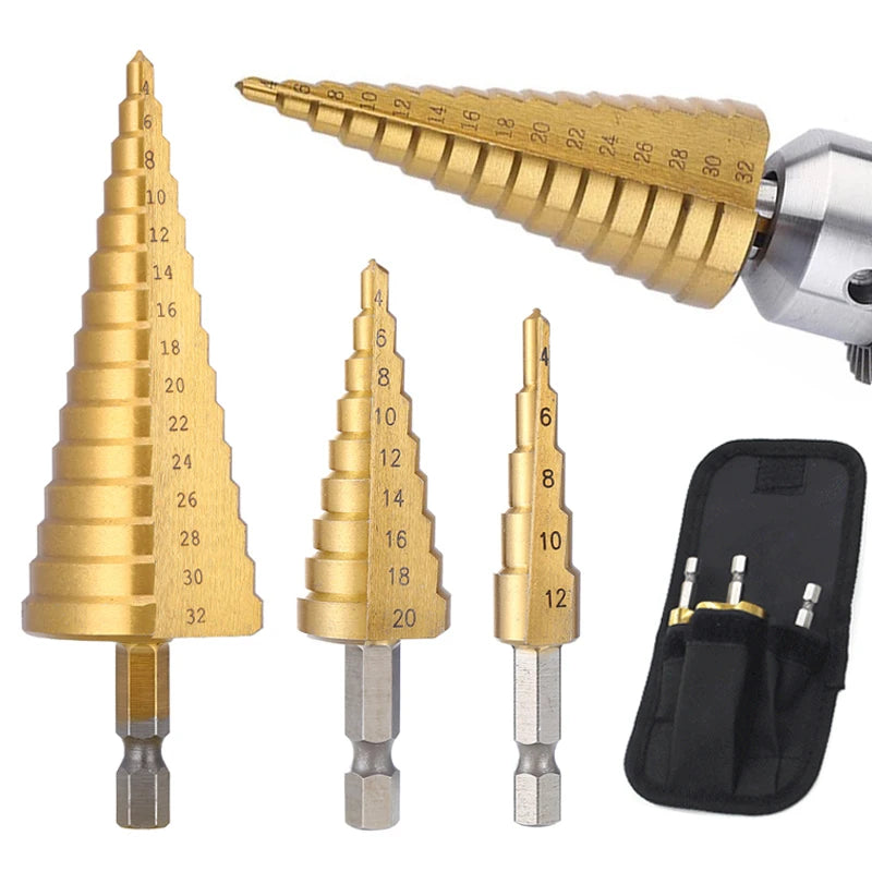 HSS titanium coated step drill bit set 4-32mm hex shank
