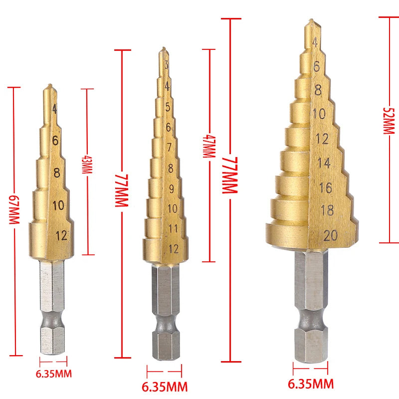 Step drill bit sizes comparison 4-12mm 4-20mm 4-32mm titanium