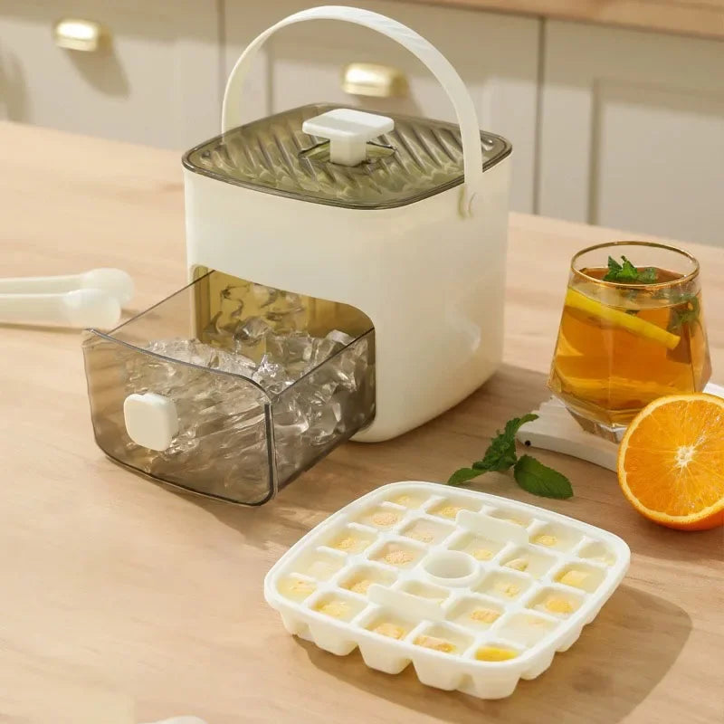 Ice cube maker pull-out drawer storage box with ice cubes