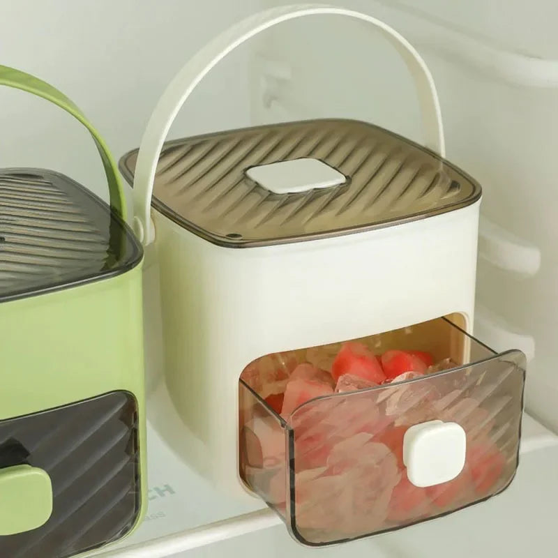 Ice cube maker pull-out drawer storage box with ice cubes
