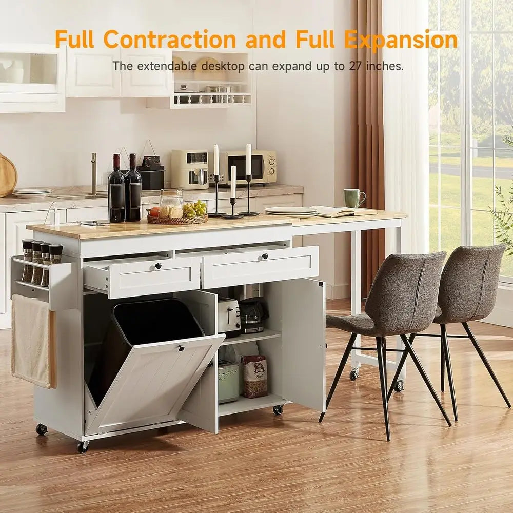Kitchen island cart features power outlet wheels spice rack