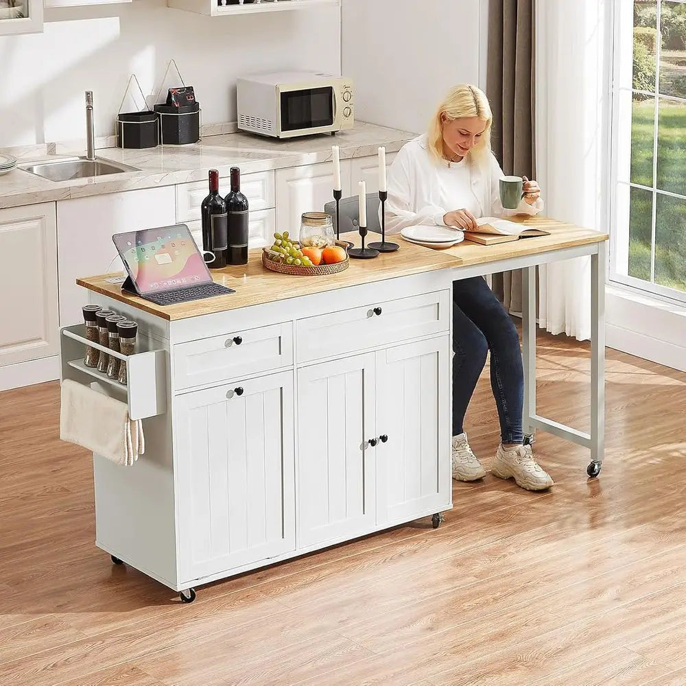 Kitchen island cart open storage cabinet trash compartment