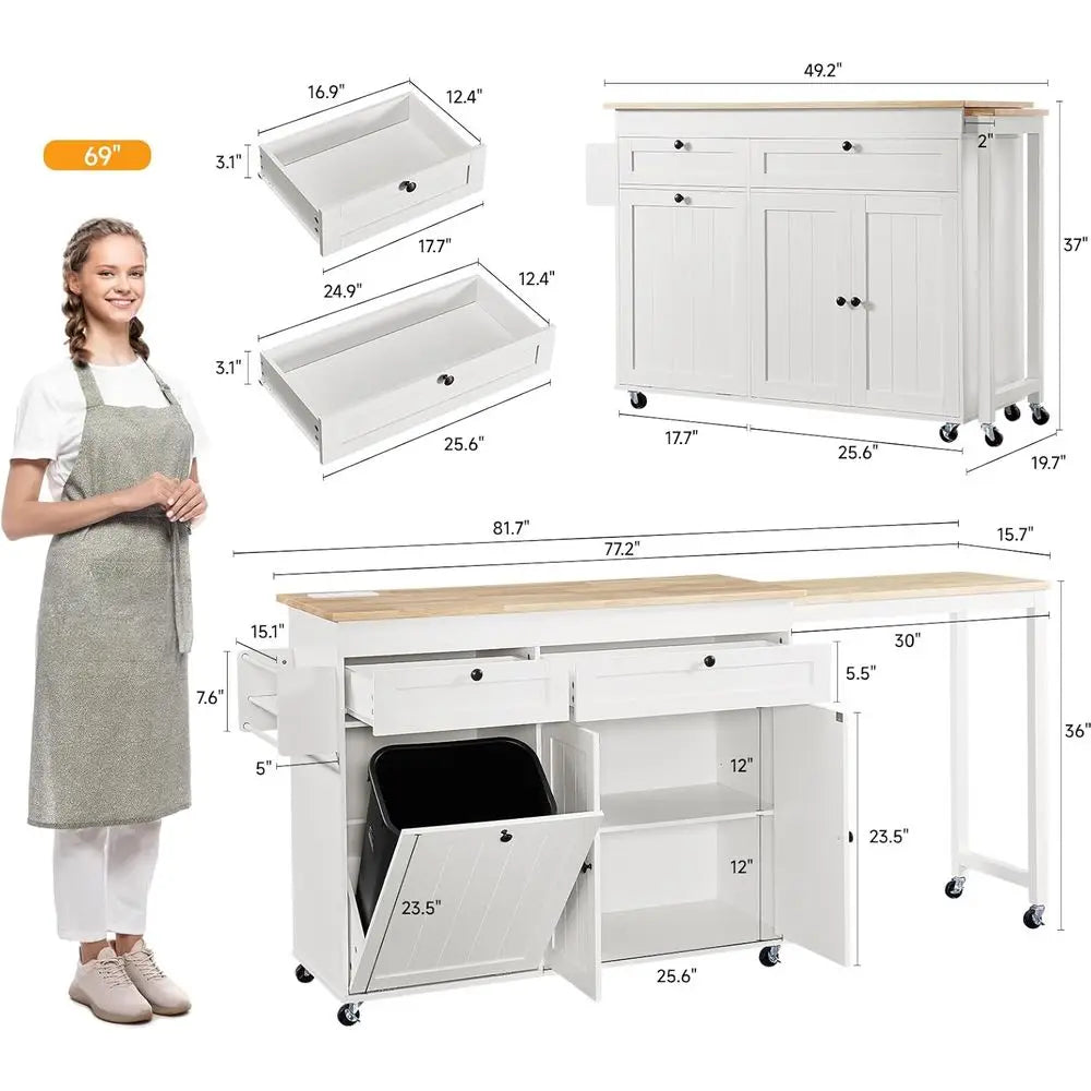 Woman next to kitchen island cart size reference 81.7 inches
