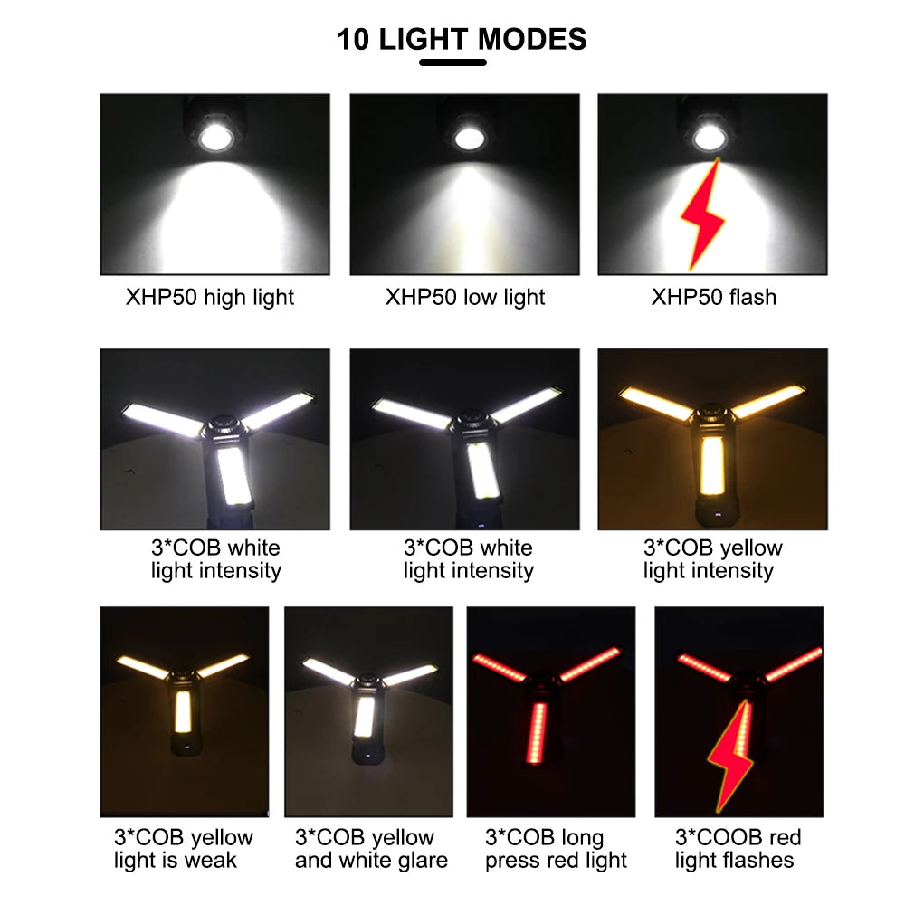 10 light modes LED COB work light white yellow red flash modes