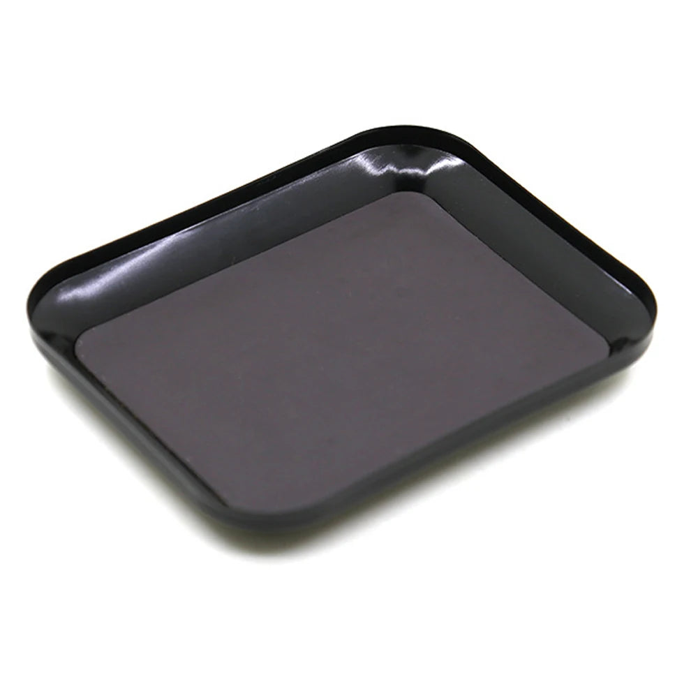 Magnetic screw tray angled view showing depth — aluminium alloy 11x9x2cm