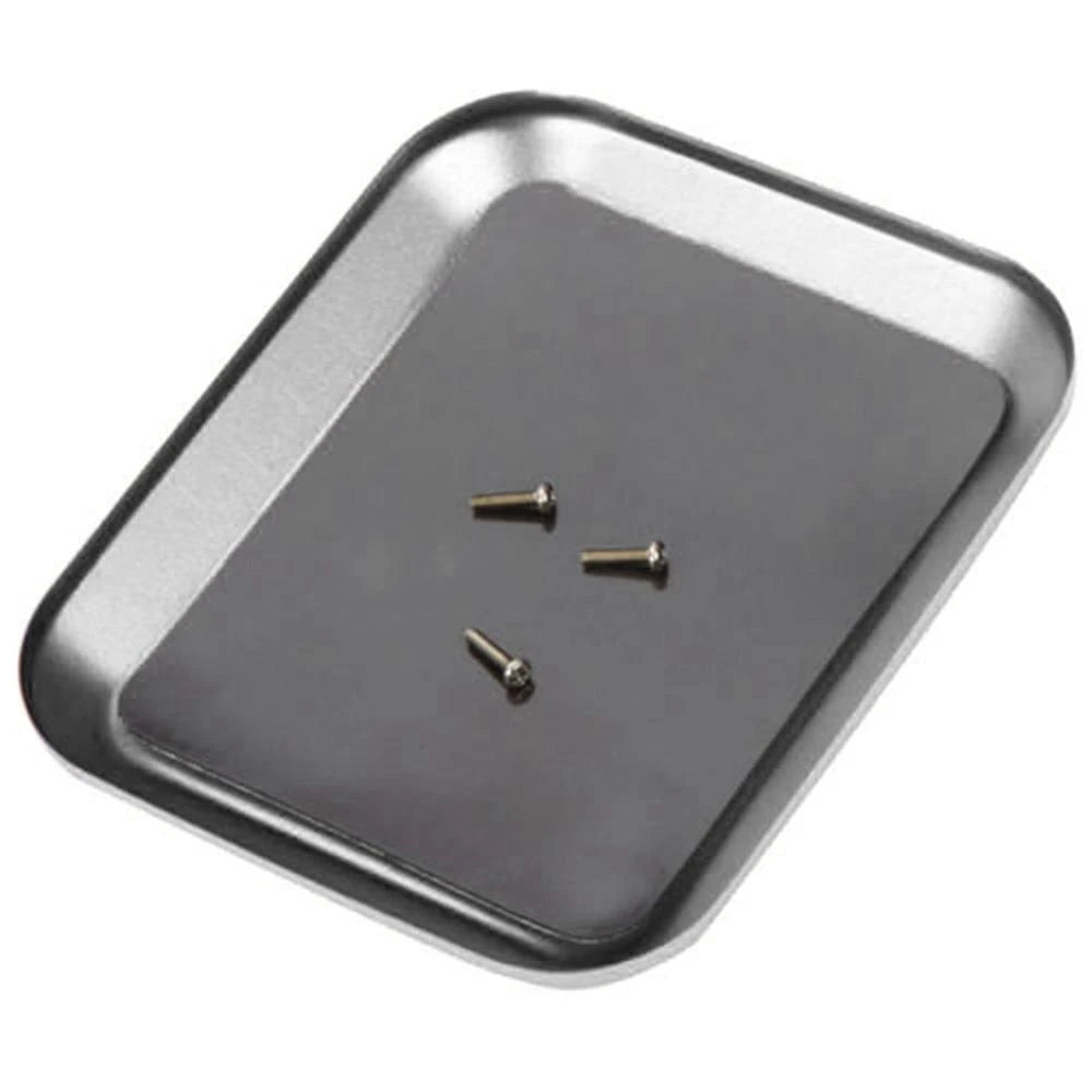 Black magnetic screw tray holding screws — hobby workbench organizer