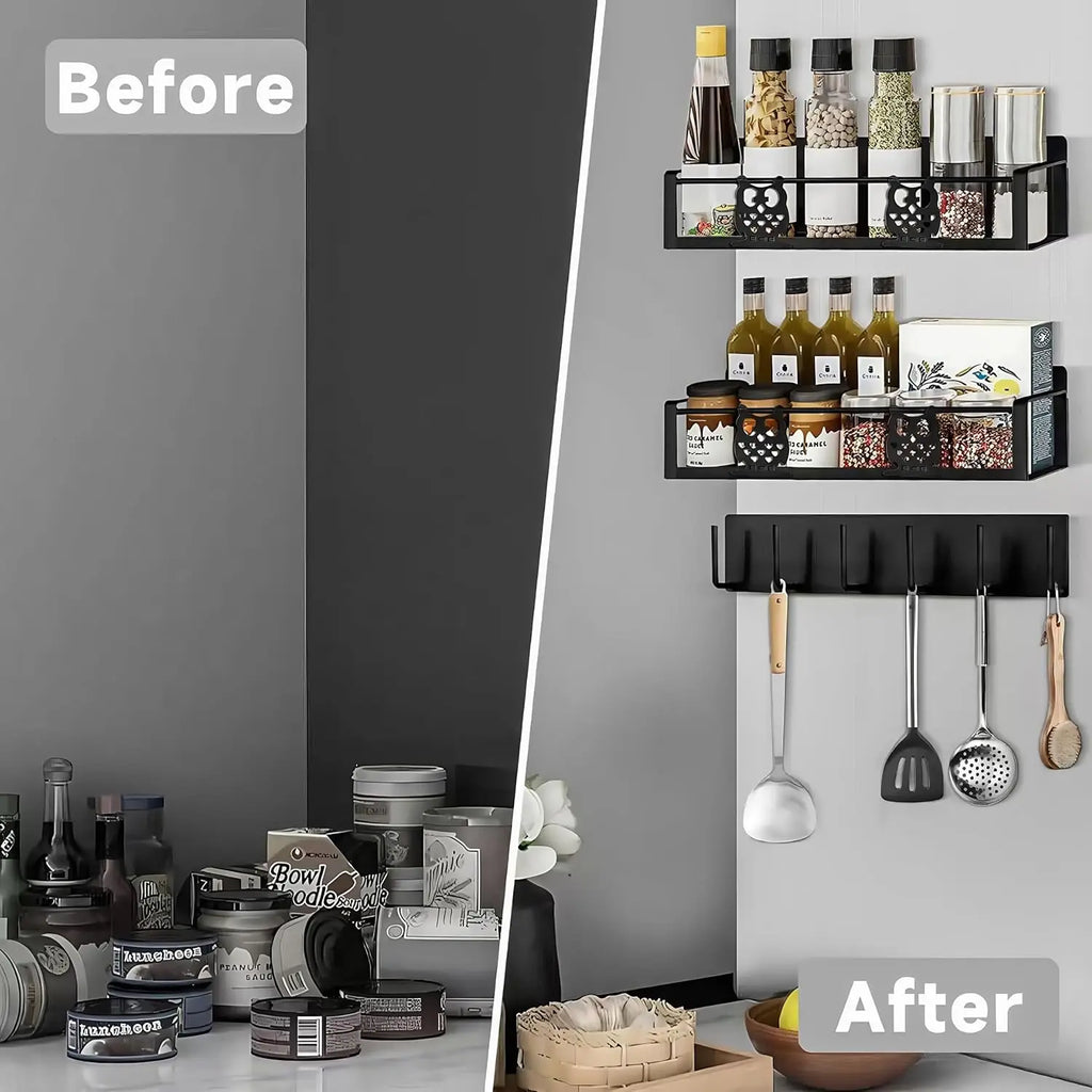 Before and after magnetic spice rack organized refrigerator side kitchen
