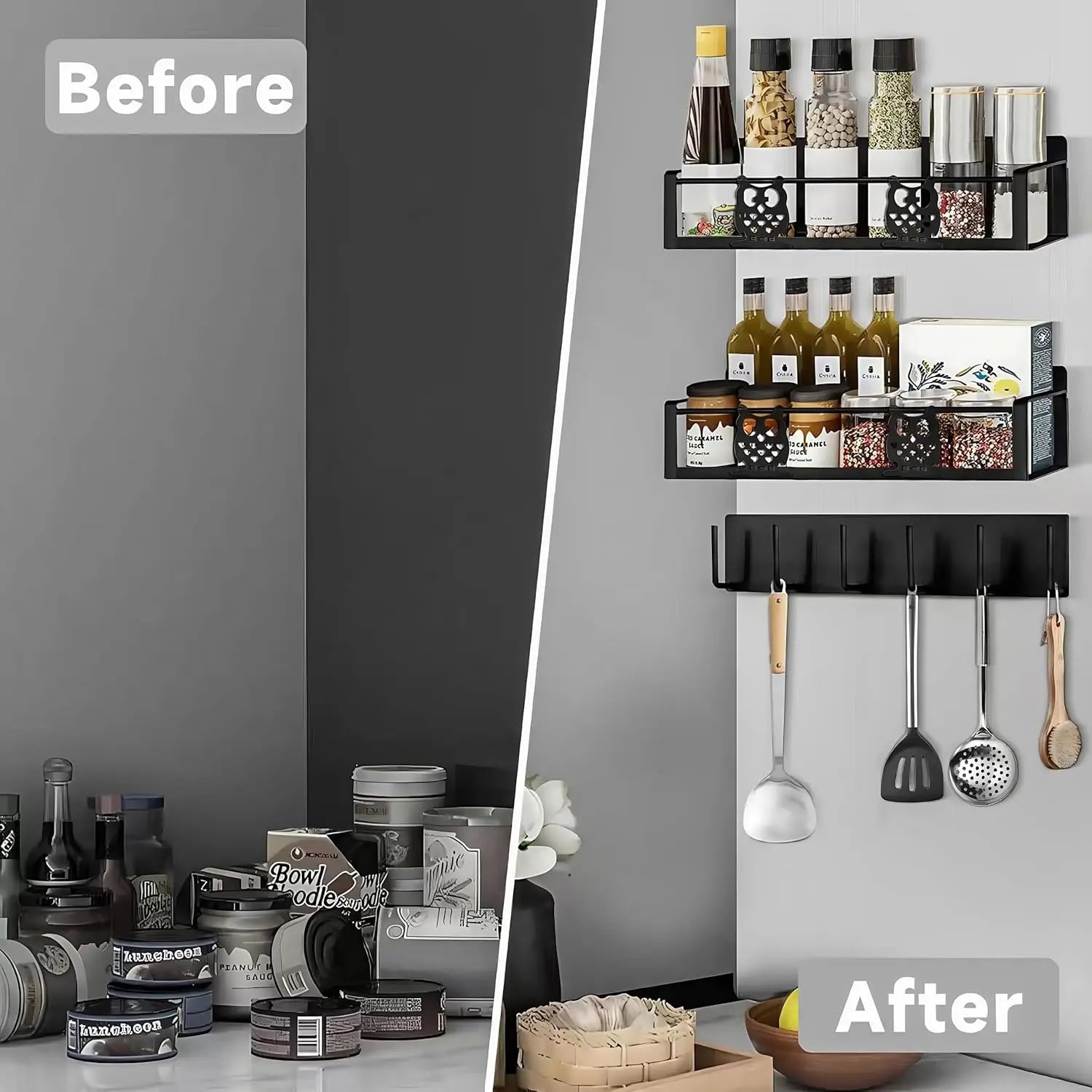 Before and after magnetic spice rack organized refrigerator side kitchen

