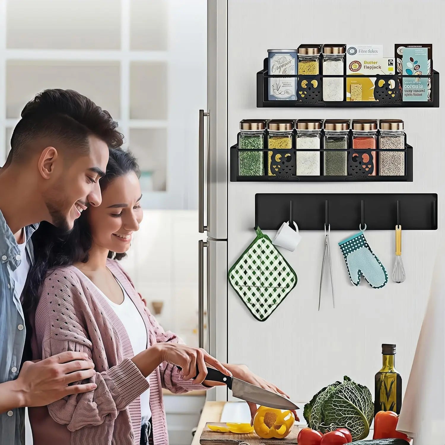 Magnetic spice rack with hooks holding kitchen utensils fridge side
